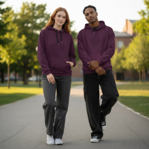 man and woman modeling plucky puffin hoodies